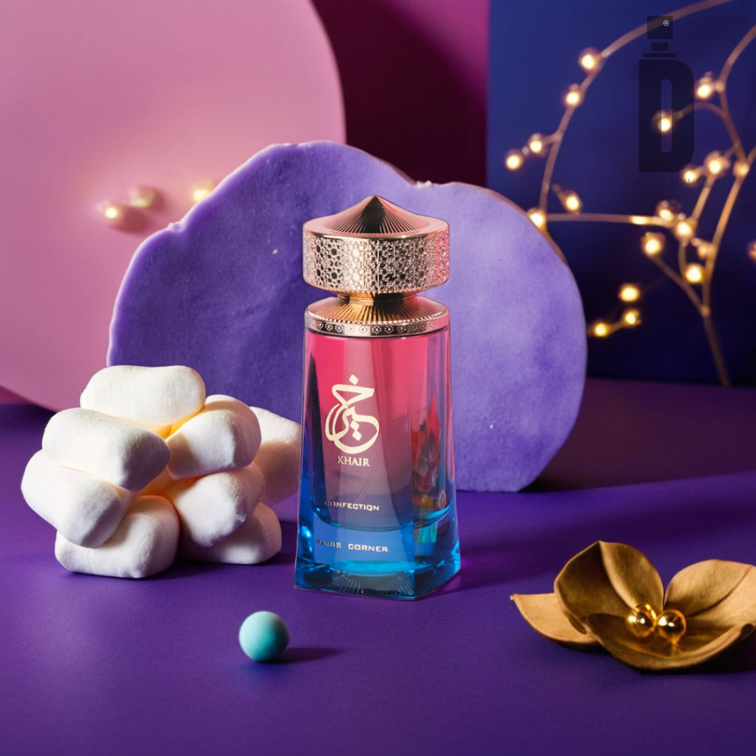A vibrant and artistic still-life arrangement featuring a bottle of Khair Confection 100ml EDP by Paris Corner. The bottle, exuding gourmand sweetness, contains colorful liquid and is placed on a purple surface, surrounded by cotton-like objects, a golden flower showcasing floral elegance, a blue sphere, and decorative elements with string lights.