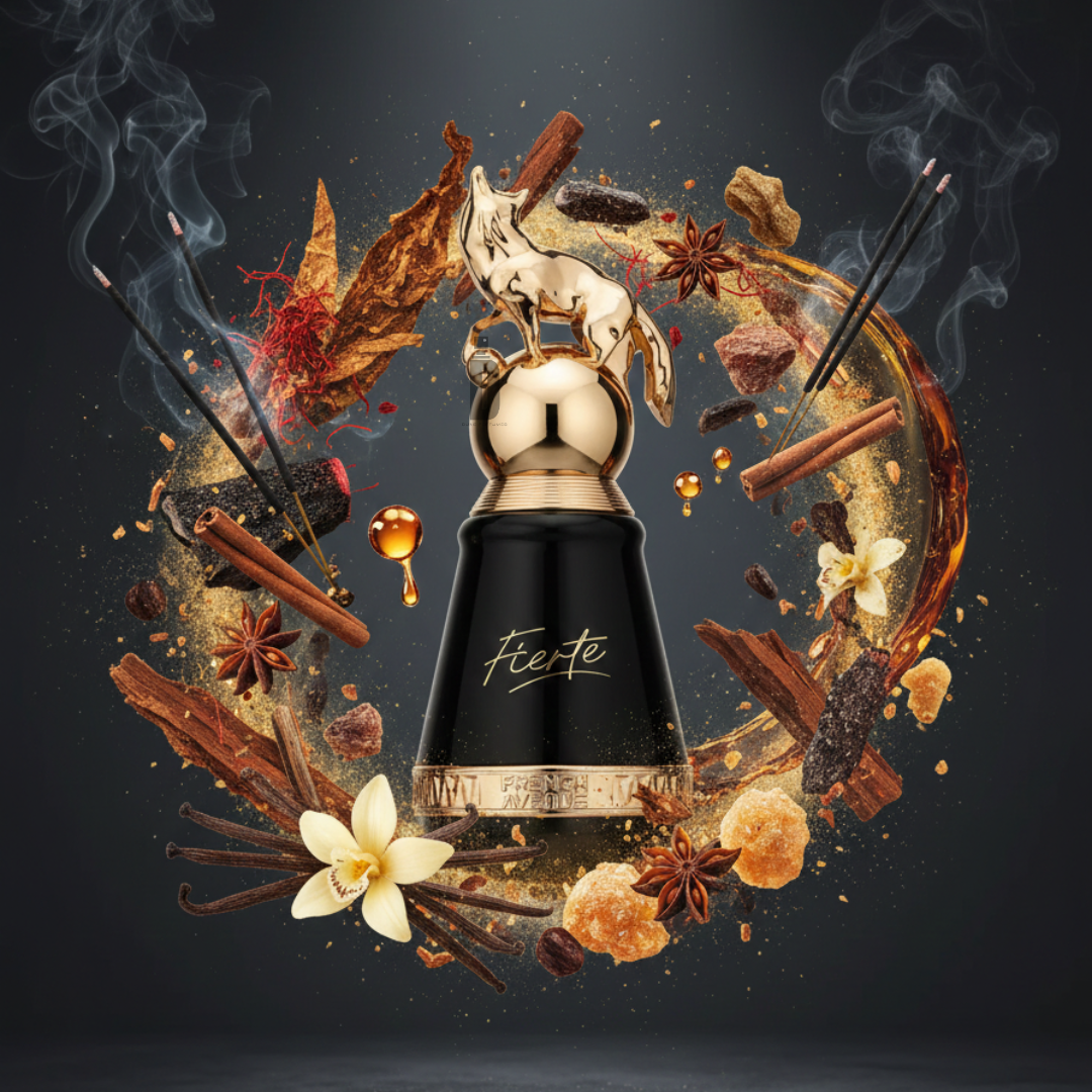 Fragrance World’s Fierte 80ml EDP - French Avenue features a black and gold bottle with a horse figurine, set amid swirling spices, vanilla flowers, incense, and smoke—an elegant statement scent perfect for evening wear.