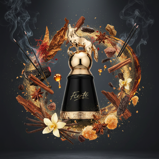 The Fierte 100ml EDP by Fragrance World features a striking black and gold bottle with a horse figure, exuding bold evening scent notes of swirling spices, incense, vanilla flowers, cinnamon sticks, and star anise.