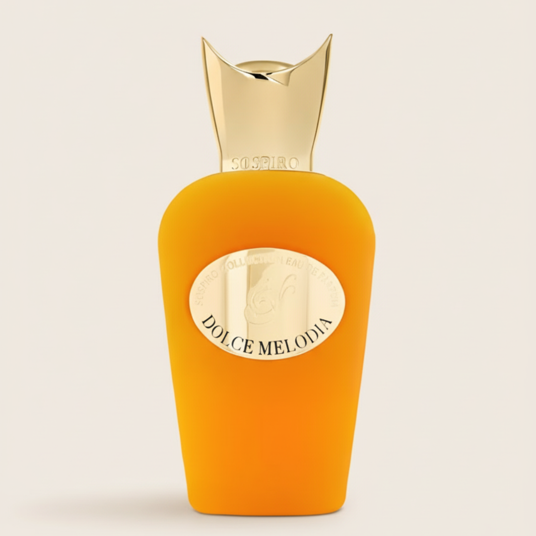The Sospiro Dolce Melodia 100ml EDP features a vibrant orange bottle with a gold cap and oval gold label, set against an off-white background, reflecting the elegant and captivating essence of this fragrance.
