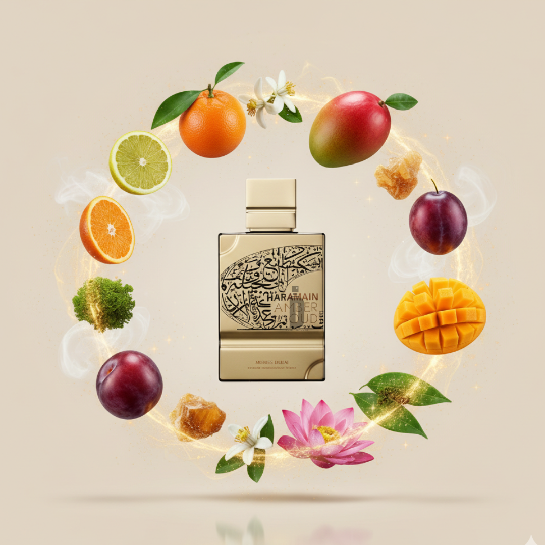 A gold Al Haramain Amber Oud Future Dubai 100ml EDP bottle stands among floating orange, lime, mango, plum, florals, and amber stones, showcasing its modern scent on a soft beige background.