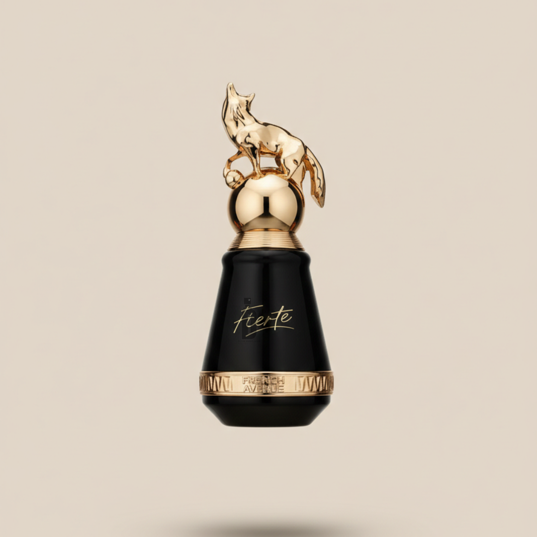 The Fragrance World Fierte 80ml EDP by French Avenue features a black bottle with gold details and a fox-topped cap, embodying luxury—an ideal evening scent presented against a plain beige backdrop.