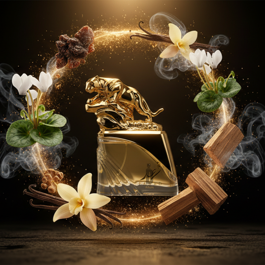 The Fahad Regal 100ml EDP by Arabiyat Prestige features a luxurious bottle with a gold panther cap, surrounded by white florals, woods, labdanum, and spices against a dark backdrop, evoking richness and elegance.