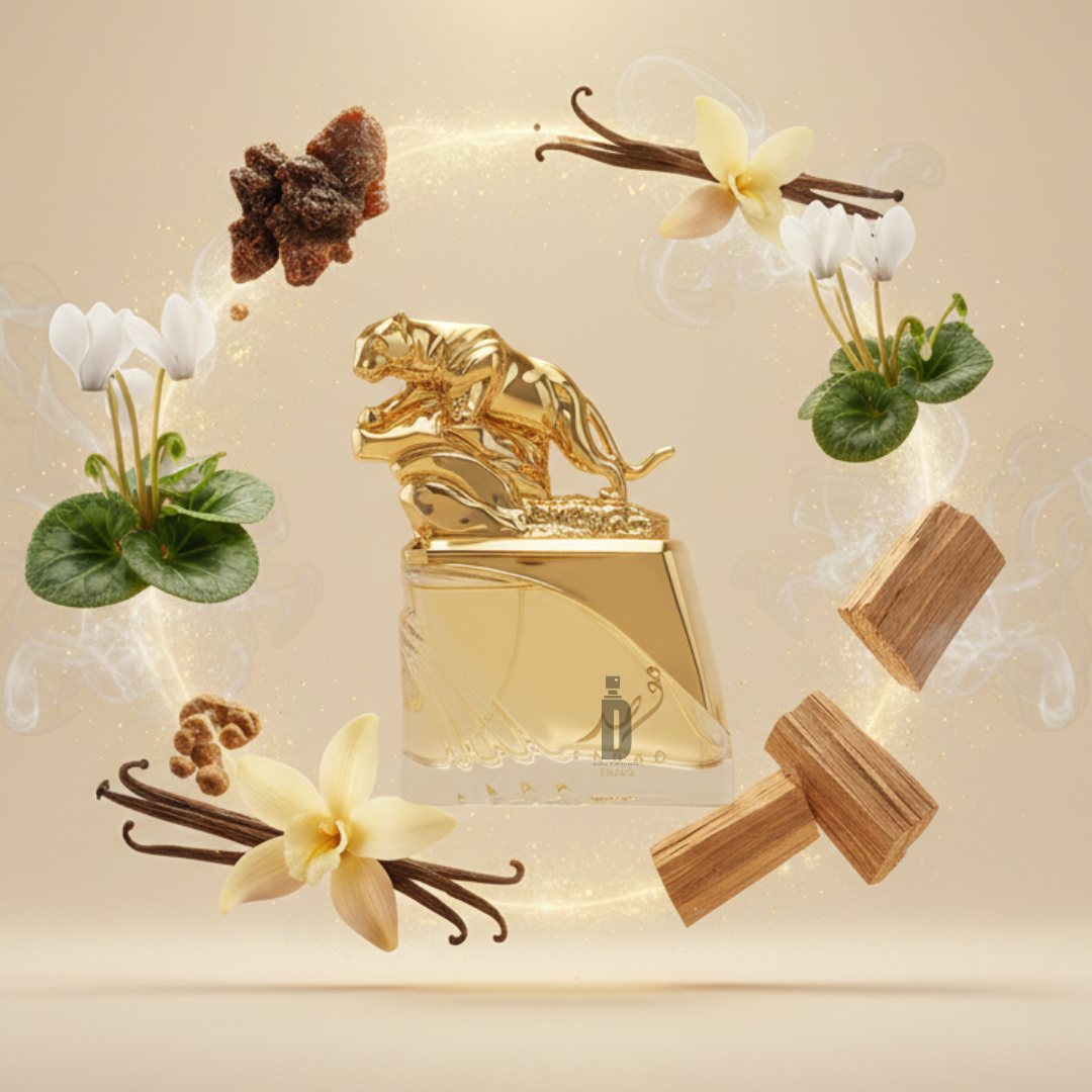 The Fahad Regal 100ml EDP by Arabiyat Prestige features a luxurious bottle with a golden panther atop, surrounded by vanilla flowers, labdanum, sandalwood, spices, and aromatic herbs on a soft beige background.