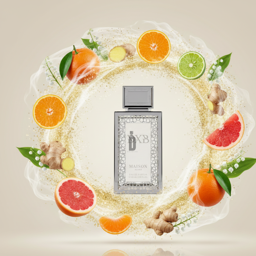 A bottle of DXB 100ml EDP by Gulf Orchid’s Maison Asrar is centered amid floating citrus fruits, ginger roots, and green leaves, suggesting a fresh, sparkling scent with subtle musk on a soft beige background.