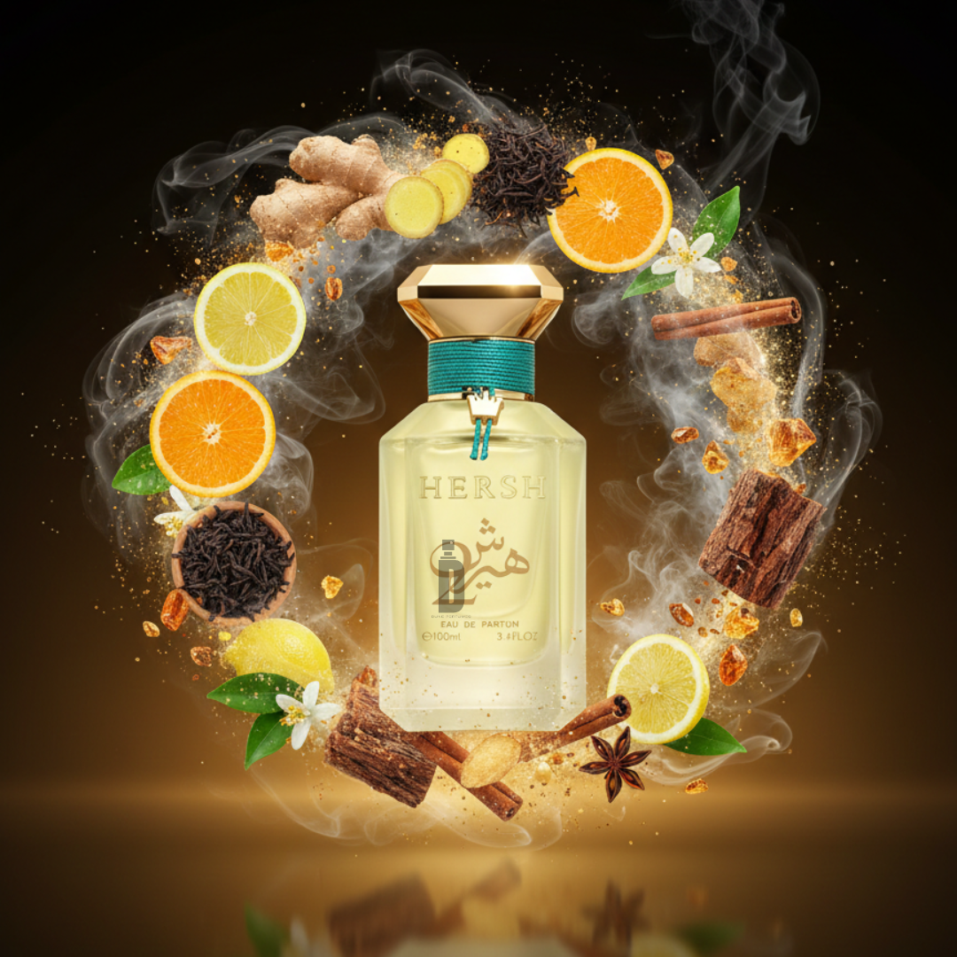 A luxurious Hersh 2 - Alezz Oud perfume bottle by Alezz Oud sits amid swirling smoke, orange slices, ginger, cinnamon sticks, spices, and jasmine flowers, capturing the rich citrus spice notes of this fragrance on a dark background.