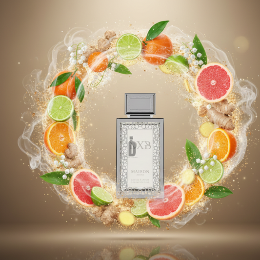 The DXB 100ml EDP by Gulf Orchid is centered within a wreath of citrus fruits, ginger, and white flowers, surrounded by mist and sparkles to suggest a fresh scent against a soft golden background.