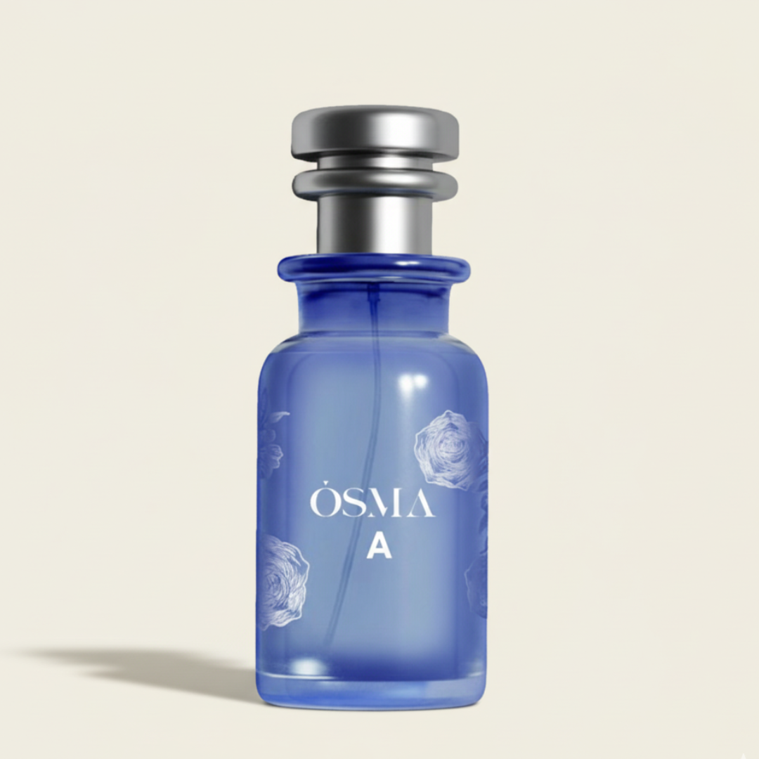 A blue glass bottle labeled "Osma A 150ml EDP" by Osma, with a silver cap and white floral designs, suggests a tropical scent blending coconut and pineapple, displayed on a simple, light background.