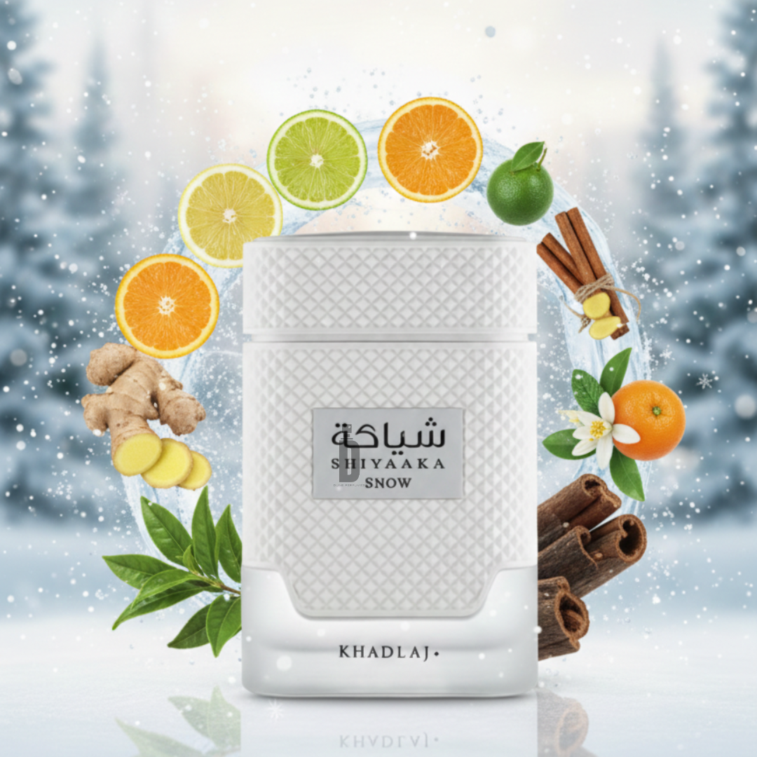 A white textured bottle of Shiyaaka Snow 100ml EDP by Khadlaj sits amid sliced citrus, ginger, cinnamon sticks, and green leaves on snow, capturing the fresh and spicy scent of this fragrance against a wintry forest scene.