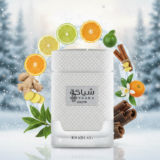 A white textured bottle of Shiyaaka Snow 100ml EDP by Khadlaj sits amid sliced citrus, ginger, cinnamon sticks, and green leaves on snow, capturing the fresh and spicy scent of this fragrance against a wintry forest scene.