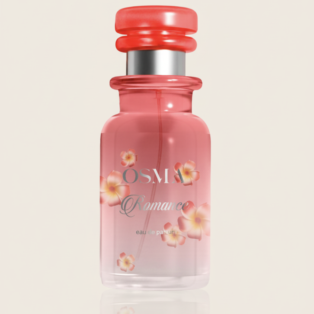 The Osma Romance 150ml EDP features a pink bottle with floral accents and a red cap, embodying a romantic fragrance with delicate Turkish rose notes.