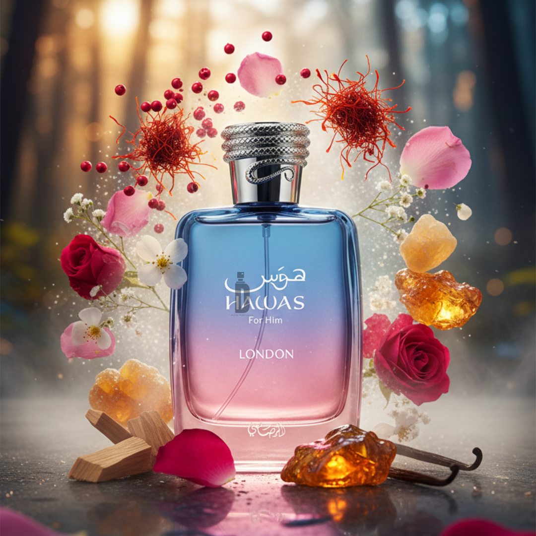 The Rasasi Hawas London 100ml EDP stands among roses, amber, spices, wood, and vanilla in a sunlit forest—an ideal long-lasting perfume with artistic notes swirling around.