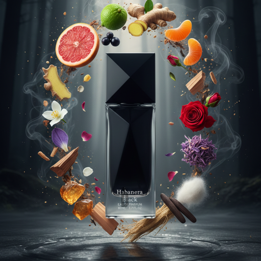 A sleek black 100ml Habanera Black EDP bottle by Aurora Scents is surrounded by floating fruits, flowers, spices, and wood, evoking its bold evening scent against a dark, misty forest backdrop.