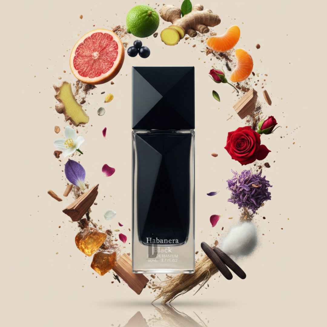 The sleek black "Habanera Black 100ml EDP - Aurora Scents" bottle by Aurora Scents is encircled by vibrant fruits, flowers, spices, and wood accents, reflecting the bold fragrance that enhances your evening style with allure.