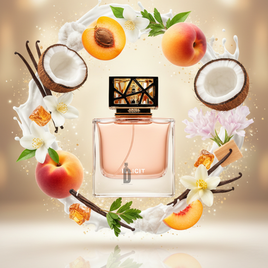 Aurora Scents’ Illicit 100ml EDP sits encircled by coconut halves, peaches, vanilla beans, white flowers, caramel pieces, and creamy splashes—a glowing arrangement that hints at its rich gourmand fragrance.