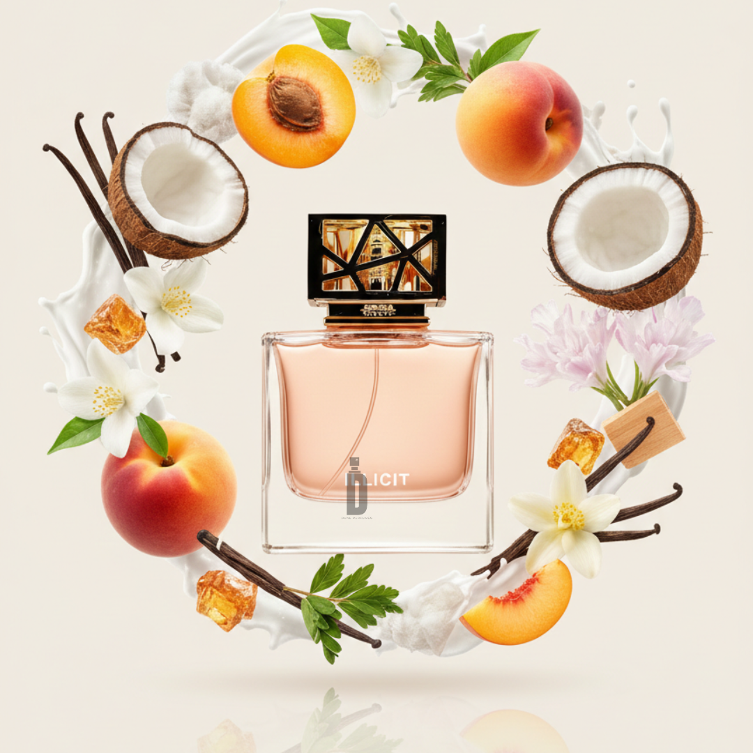 The Illicit 100ml EDP by Aurora Scents sits among coconut halves, peaches, vanilla beans, amber, white flowers, and a hint of cream—an elegant scene that reflects its sophisticated sweet gourmand aroma on a light backdrop.