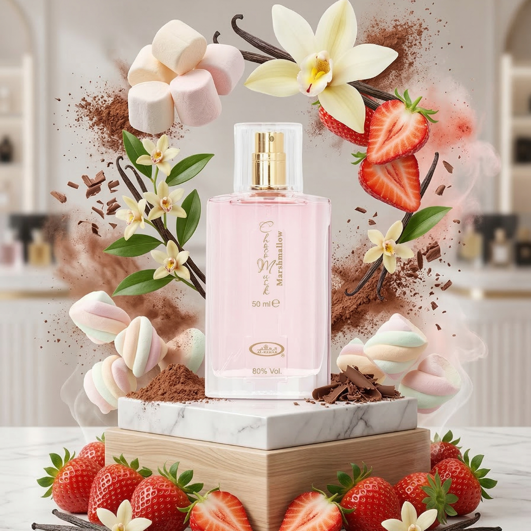 A pink Choco Musk Marshmallow - Al Rehab perfume bottle by Al Rehab rests on marble, surrounded by strawberries, vanilla flowers, marshmallows, chocolate shavings, and cocoa powder—creating a whimsical scene inspired by its sweet scent.