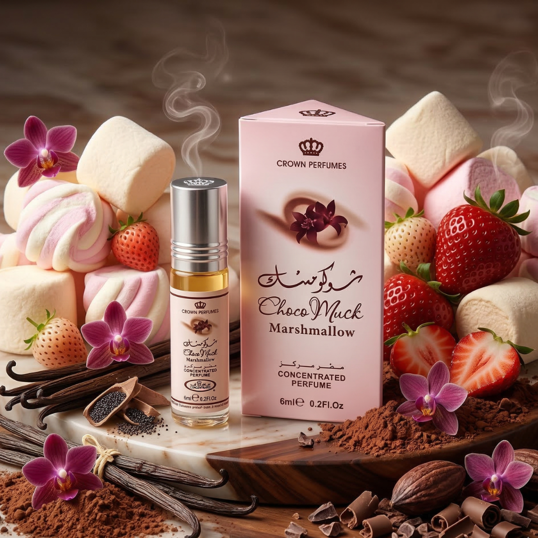 A bottle and box of Al Rehab's Choco Musk Marshmallow perfume are surrounded by marshmallows, strawberries, vanilla pods, cocoa powder, and purple flowers, evoking a sweet dessert-inspired fragrance.