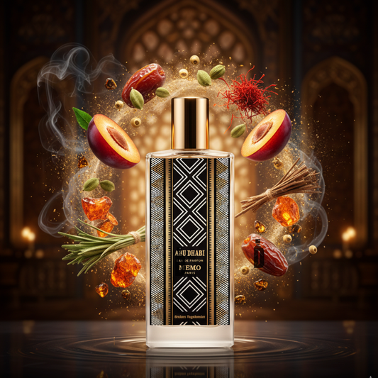 A luxurious Memo Paris Abu Dhabi 100ml EDP bottle features elegant black and gold geometric patterns, surrounded by spices, amber, dates, saffron, and plum halves on an ornate backdrop inspired by the warm scents of Abu Dhabi.