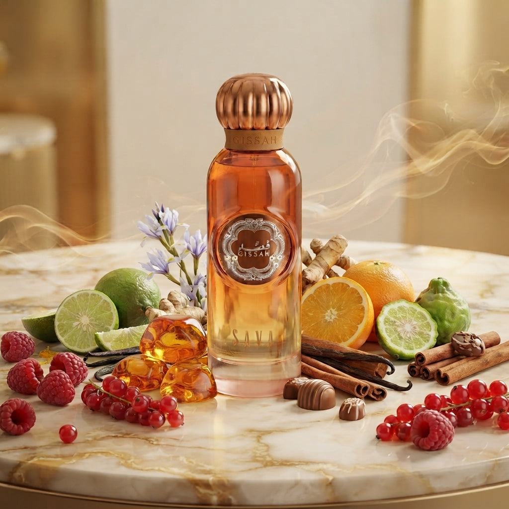 A bottle of Sava 200ml EDP by Gissah rests elegantly on a marble surface, encircled by citrus fruits, cinnamon sticks, amber, berries, and delicate flowers. Wisps of fragrant vapor drift through the air, evoking the gourmand fruity allure of this Gissah signature scent—enriched with Madagascar vanilla for an irresistibly captivating appeal.