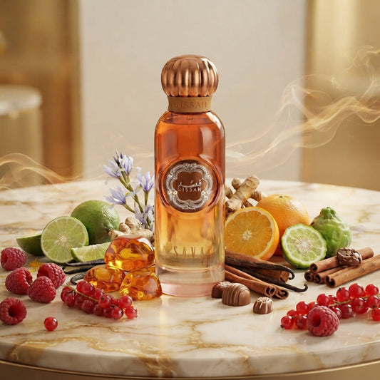 A bottle of Sava 200ml EDP by Gissah rests elegantly on a marble surface, encircled by citrus fruits, cinnamon sticks, amber, berries, and delicate flowers. Wisps of fragrant vapor drift through the air, evoking the gourmand fruity allure of this Gissah signature scent—enriched with Madagascar vanilla for an irresistibly captivating appeal.