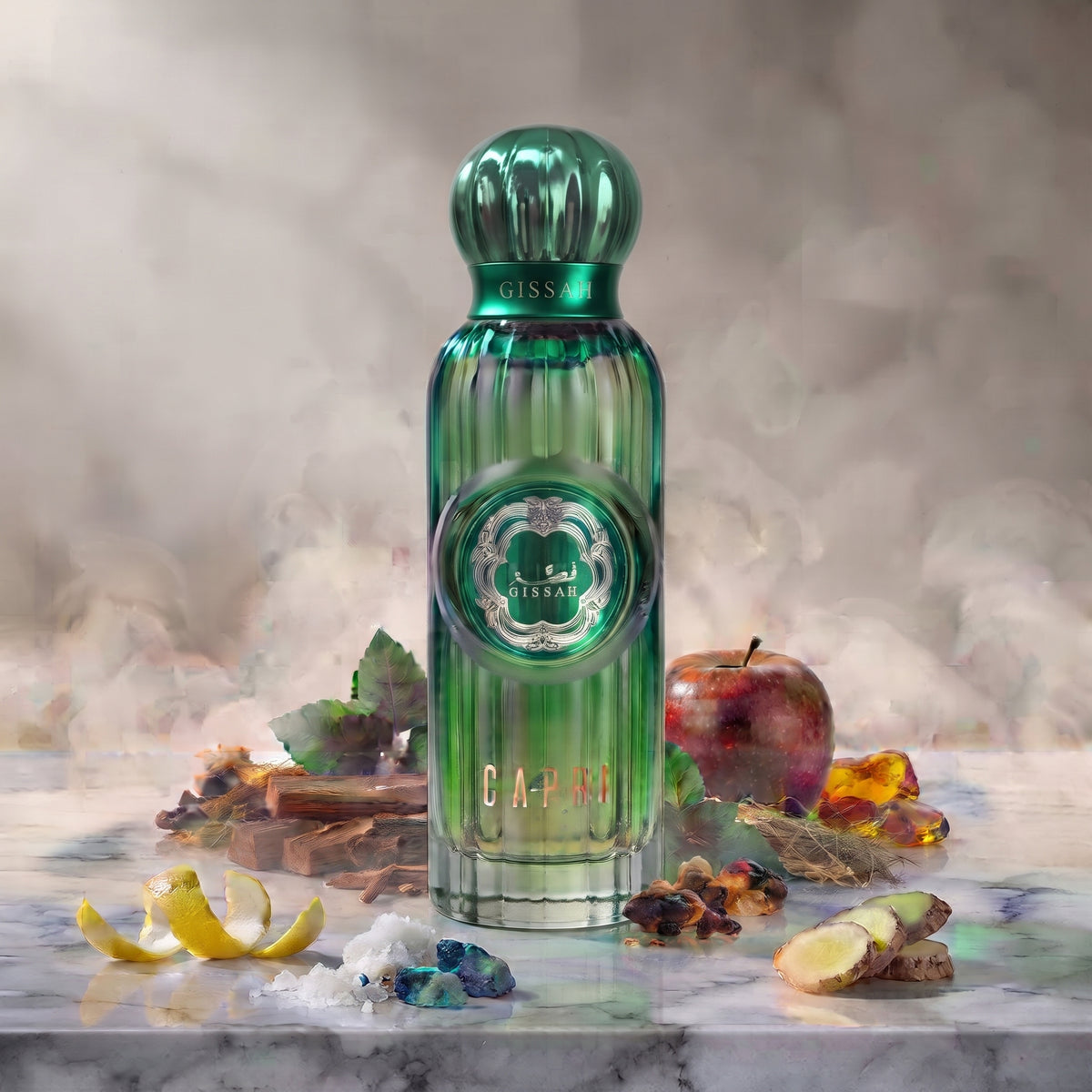 A 200ml green glass bottle of Gissah’s “Capri” Eau de Parfum stands on marble, surrounded by apple, ginger, Sorrento lemon peel, leaves, cinnamon, and resin—evoking the vibrant coastal notes of the fragrance—against a softly blurred background.