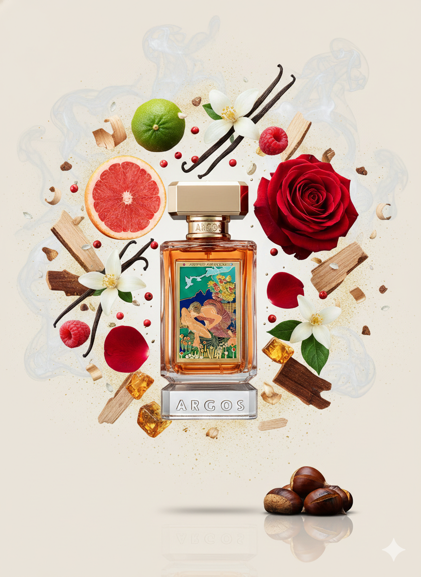 The Adonis Awakens 100ml EDP by Argos is pictured with a red rose, grapefruit, lime, cherries, vanilla pods, white flowers, wood pieces, amber, nuts, and smoke—reflecting its luxurious floral gourmand scent.