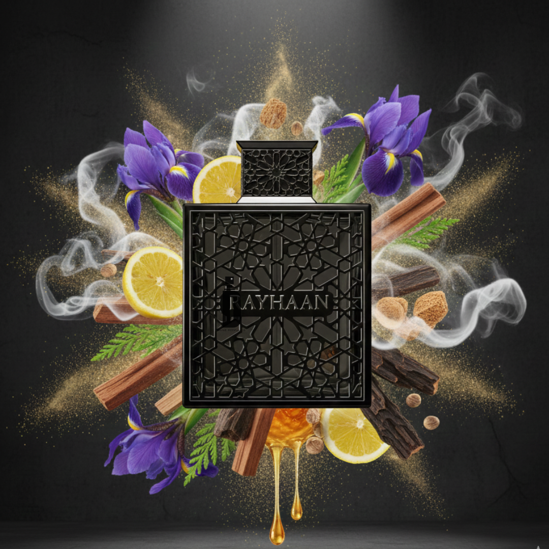 A black ornate perfume bottle labeled "Rayhaan Obsidian 100ml EDP" sits amid swirling smoke, purple flowers, citrus slices, cinnamon sticks, honey, nutmeg, green leaves, and sueded leather accents on a dark background.