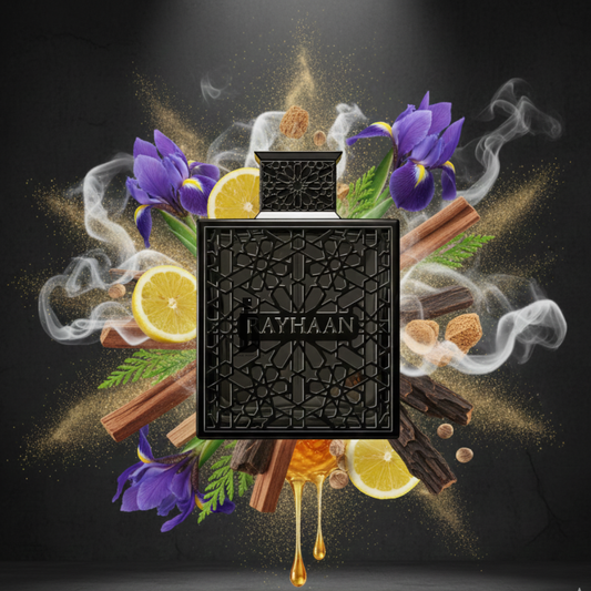 A black ornate perfume bottle labeled "Rayhaan Obsidian 100ml EDP" sits amid swirling smoke, purple flowers, citrus slices, cinnamon sticks, honey, nutmeg, green leaves, and sueded leather accents on a dark background.