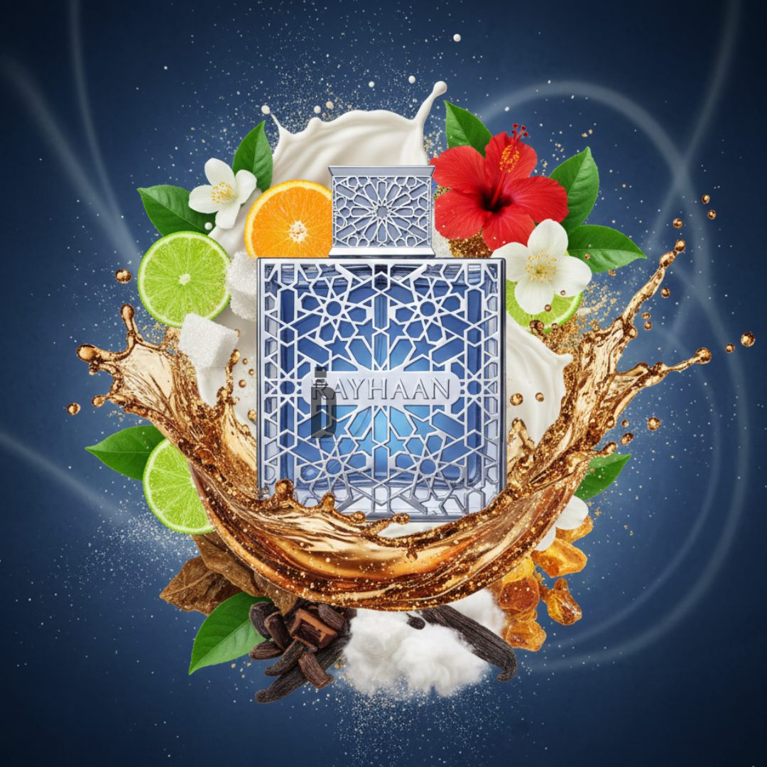 Aquatica 100ml EDP by Rayhaan is featured with splashes of coconut milk perfume, amber liquid, citrus slices, hibiscus, white blossoms, spices, sugar cubes, and green leaves on a dark blue background for a summery scent.