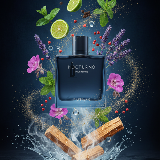 A bottle of Rayhaan Nocturno 100ml EDP stands amid floating flowers, mint leaves, lime, peppercorns, lavender, and wooden sticks with swirling mist and golden sparkles evoking a modern, long-lasting masculine scent against a dark background.