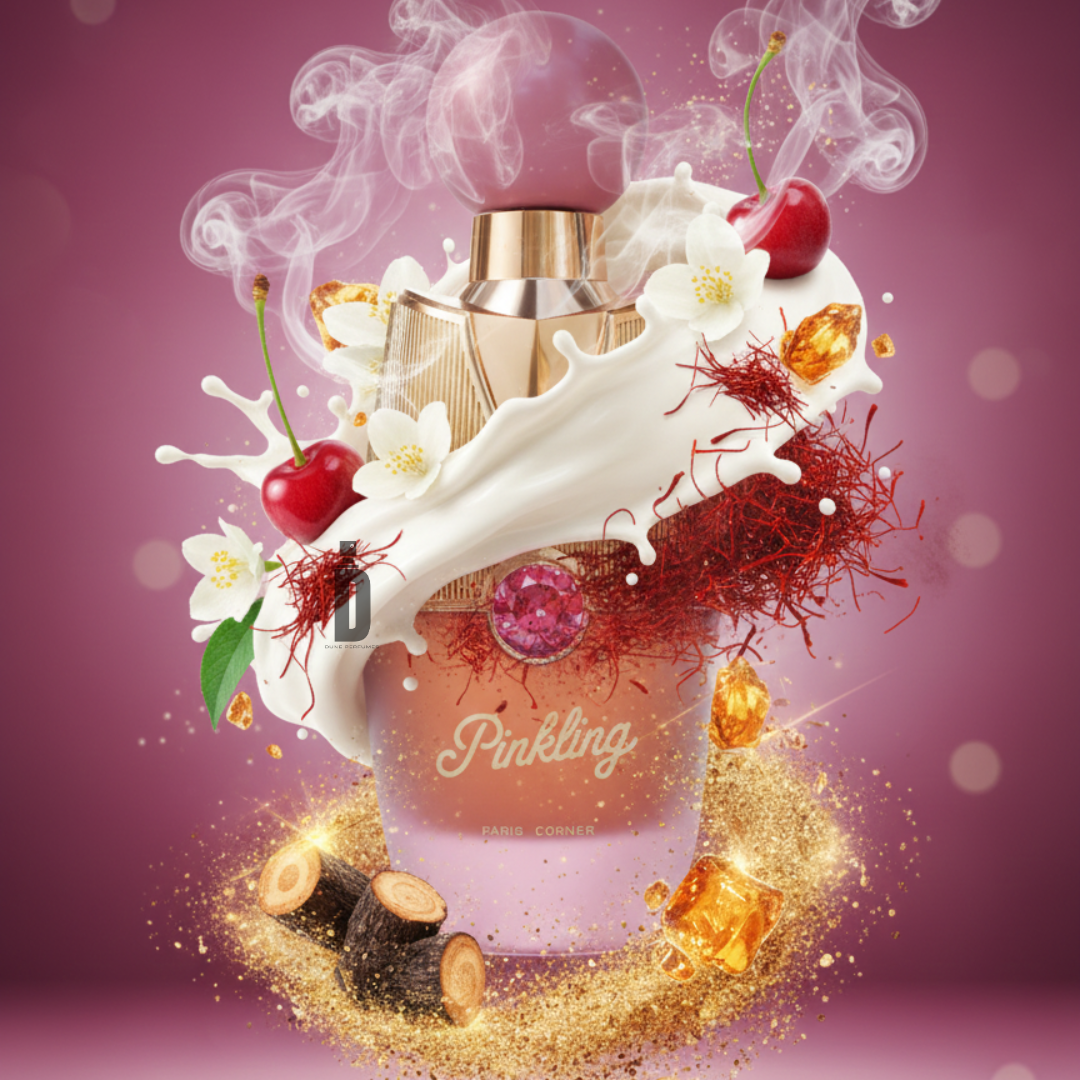 The Pinkling 100ml EDP by Paris Corner is displayed on a pink background with swirling milk, cherries, white flowers, saffron, licorice, amber stones, golden glitter, and smoke wisps—evoking a playful cherry perfume.