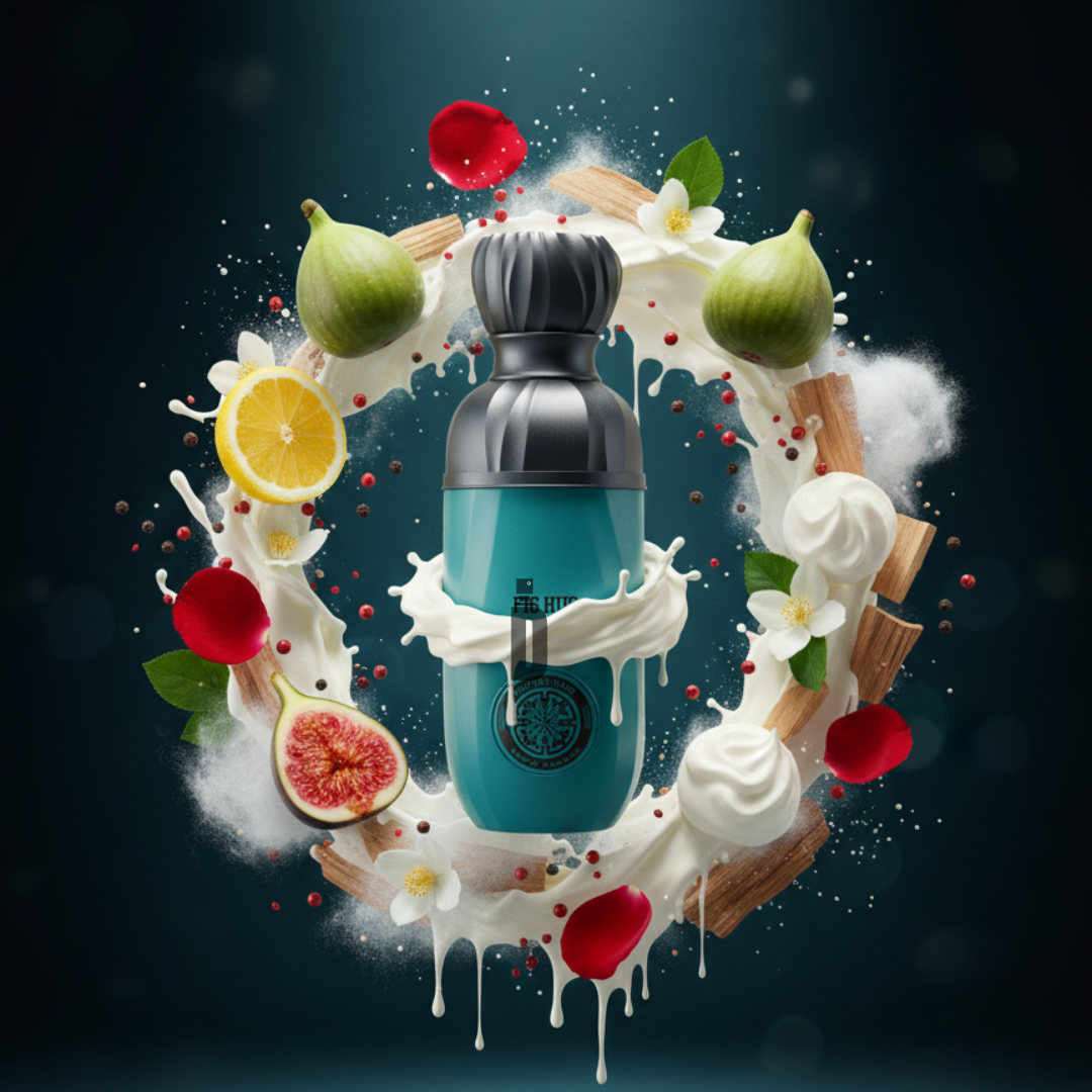 A teal bottle of Fig Hug 100ml EDP by Paris Corner, capped in black, is framed by whipped cream, figs, lemon slices, rose petals, and green leaves—an artful nod to this creamy fig fragrance—set against a dark blurred background.
