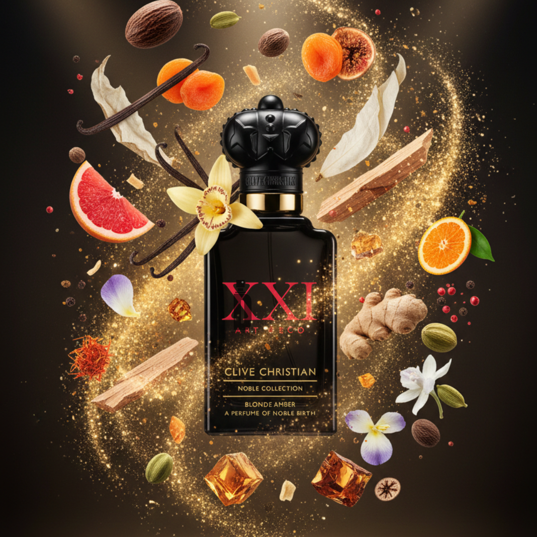 The Clive Christian Blonde Amber 50ml EDP bottle rests among grapefruit, orange, ginger, vanilla, almonds, florals, and amber crystals—embodying a sophisticated scent defined by rich Blonde Amber notes.