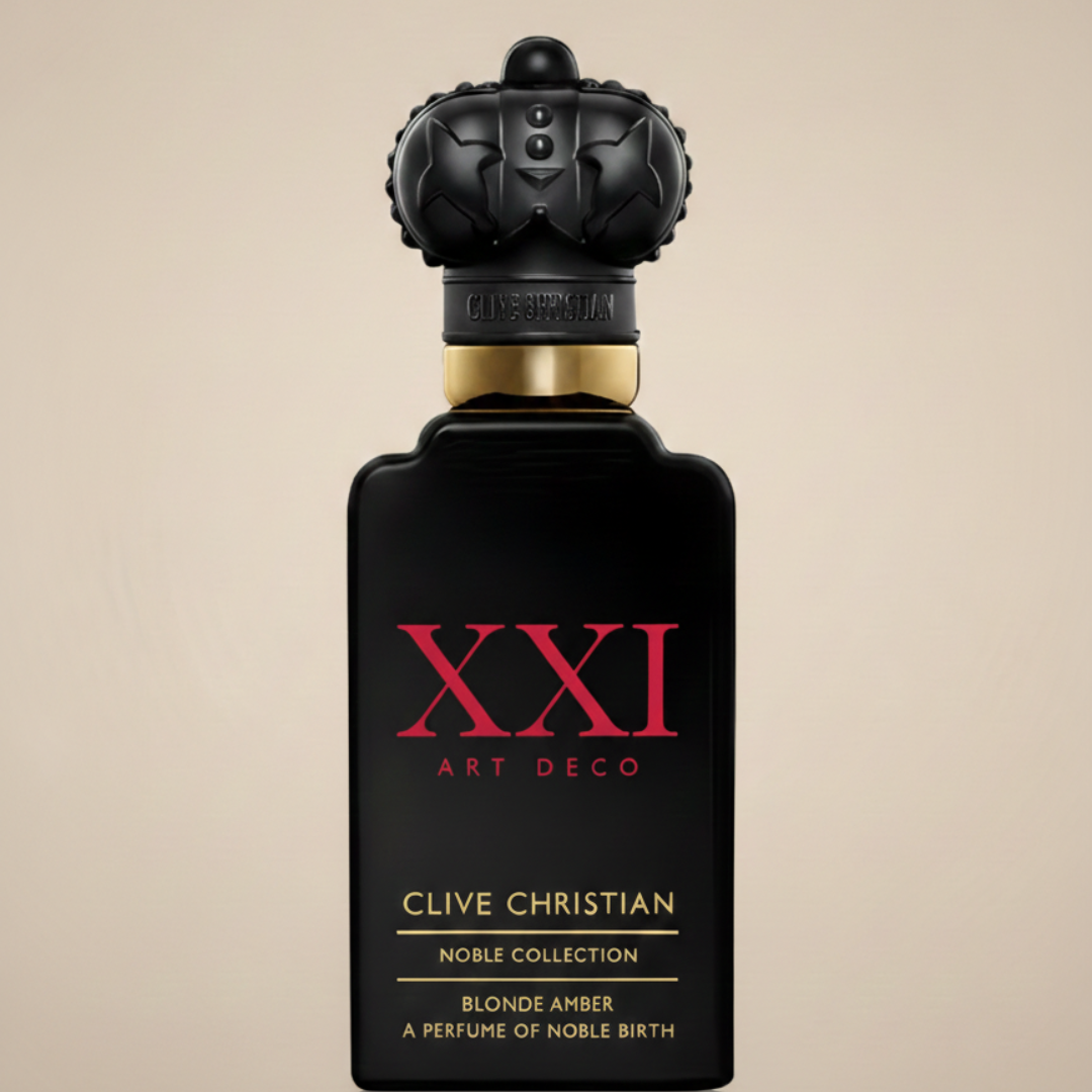 The Blonde Amber 50ml EDP by Clive Christian features a black bottle with red and gold text, crown-shaped cap, and embodies a sophisticated, long-lasting fragrance from the brand’s Noble Collection.