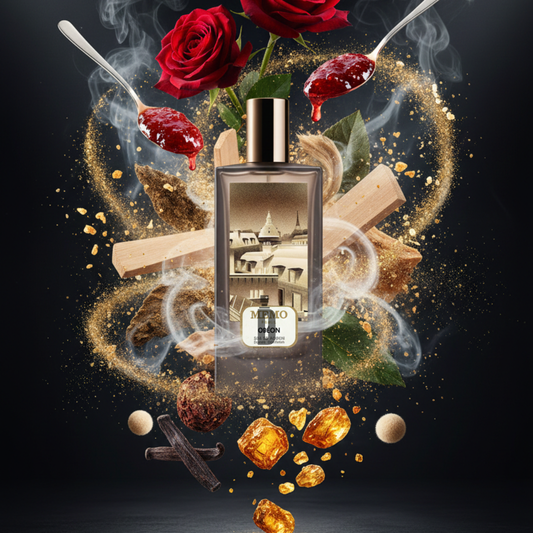 Odéon 75ml EDP by Memo Paris stands amid red roses, sandalwood, berry jam, amber stones, and vanilla pods, evoking a floral-woody scent with golden powder and mist swirling on a dark background.