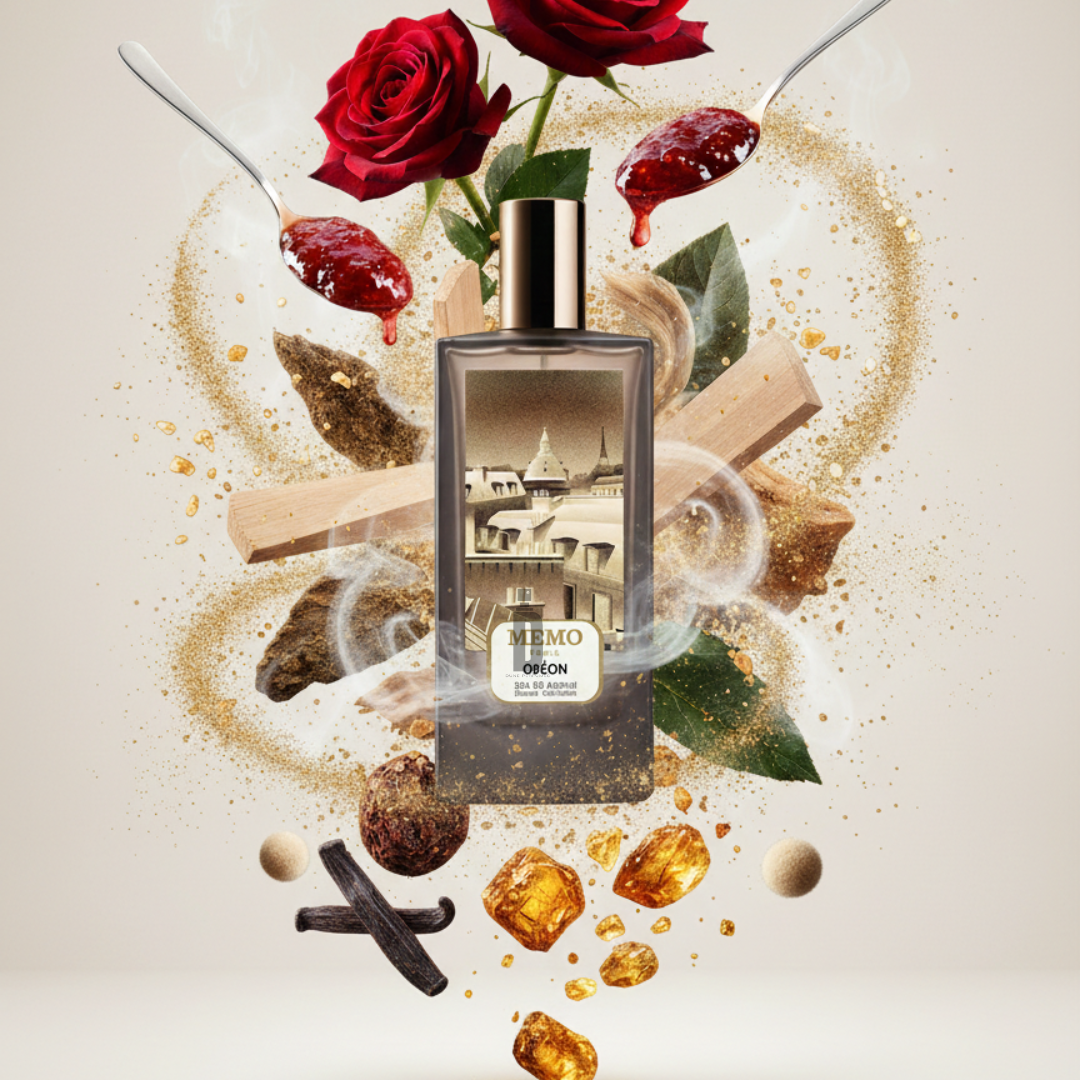 The Odéon 75ml EDP by Memo Paris appears amid red roses, sandalwood, amber, vanilla pods, and jam spoons surrounded by golden dust and white smoke—an enchanting floral-woody fragrance.