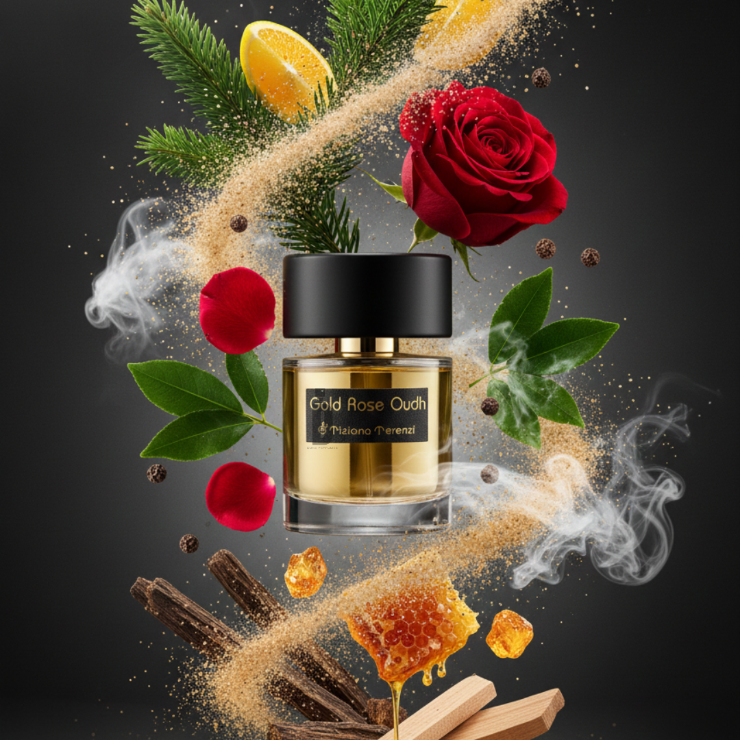 A 100ml bottle of Gold Rose Oudh EDP by Tiziana Terenzi rests among rose petals, orange slices, leaves, pine branches, black peppercorns, honeycomb, sandalwood, and golden powder on a dark backdrop.