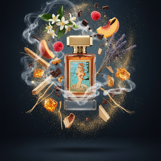 The Argos Birth Of Venus 100ml EDP is showcased amid swirling smoke, amber crystals, vanilla sticks, raspberries, peach slices, lavender, and white blossoms—highlighting its complex fruity floral notes against a dark background.