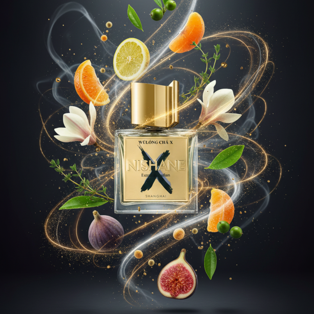 Wulong Cha X 100ml EDP by Nishane blends refreshing citrus notes with a delicate green tea fragrance, inspired by swirling flowers and fruits.