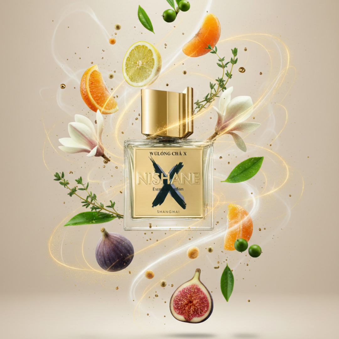 A bottle of Nishane Wulong Cha X 100ml EDP floats among figs, oranges, limes, berries, white flowers, and green leaves on a soft beige background with sparkles—capturing the refreshing allure of this citrus fragrance by Nishane.