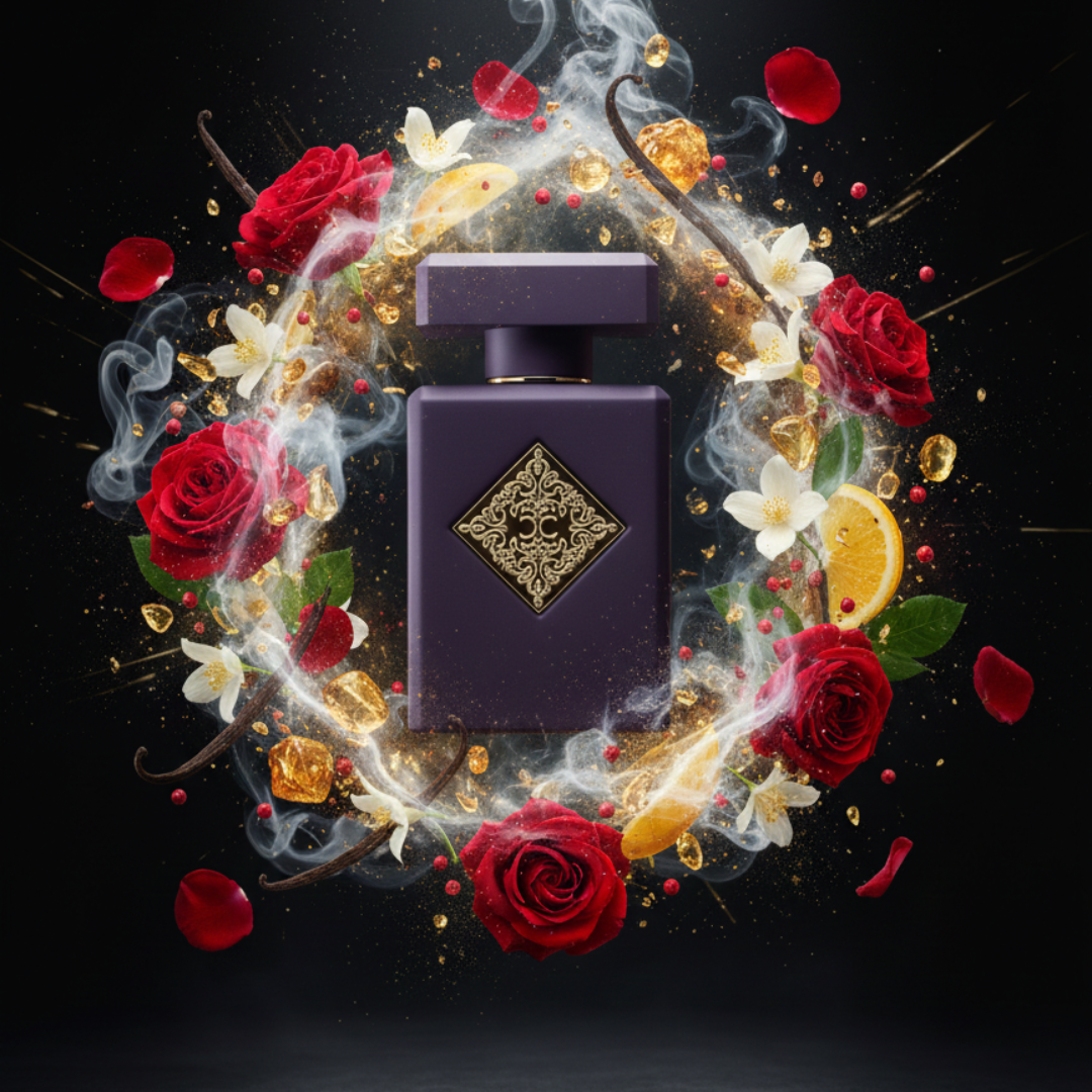 Atomic Rose 90ml EDP by Initio Parfums Prives is displayed in a lavish purple and gold bottle, encircled by red roses, Bulgarian rose, white flowers, orange slices, vanilla beans, and smoky accents—evoking its exquisite floral scent.