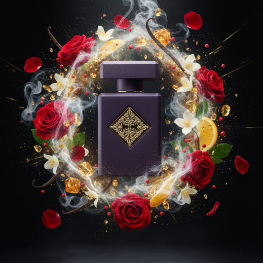 Atomic Rose 90ml EDP by Initio Parfums Prives is displayed in a lavish purple and gold bottle, encircled by red roses, Bulgarian rose, white flowers, orange slices, vanilla beans, and smoky accents—evoking its exquisite floral scent.