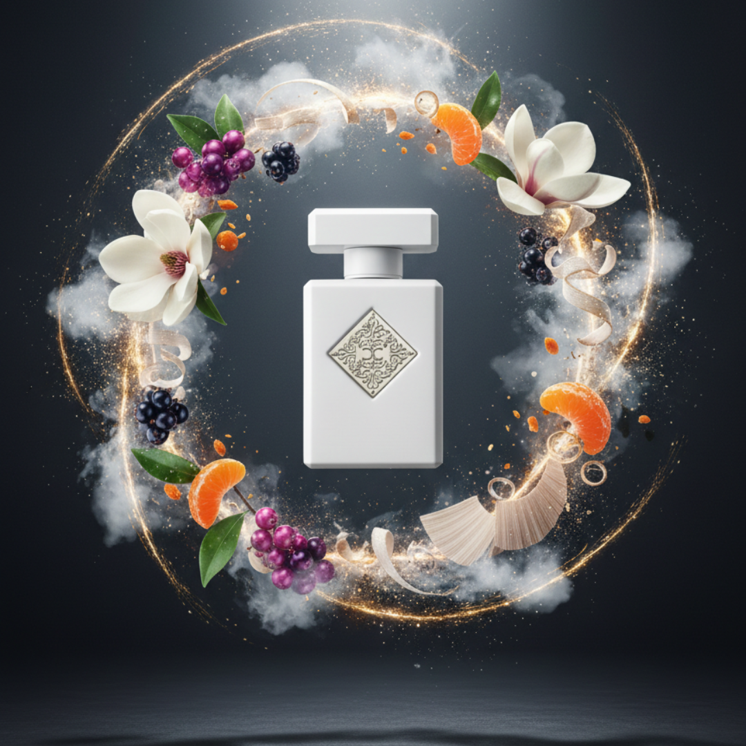 A white bottle of Musk Therapy 90ml EDP by Initio Parfums Prives sits amid magnolia, berries, orange slices, and golden sparkles—capturing the refined musk essence against a dark background.