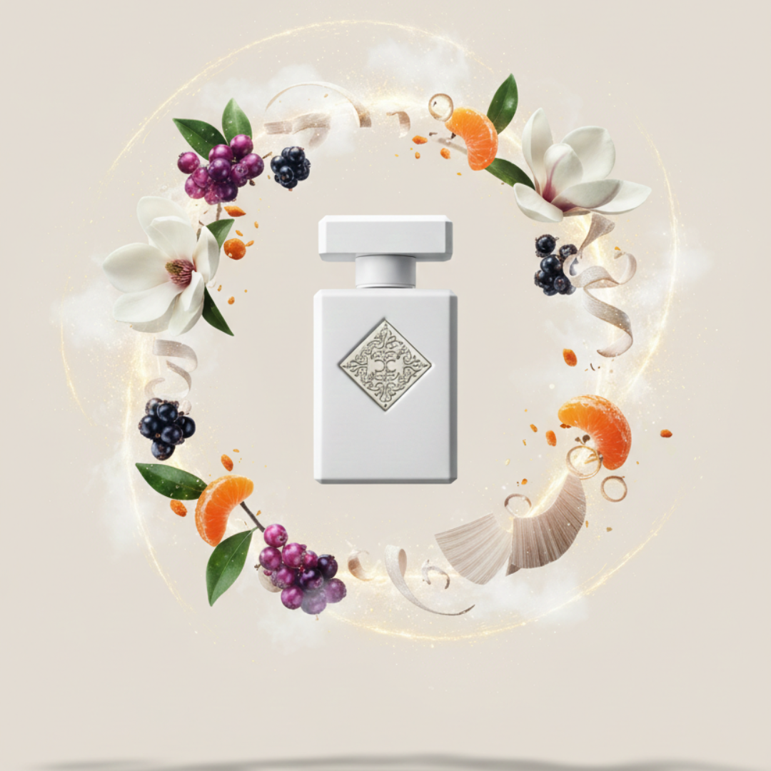 A white bottle of Musk Therapy 90ml EDP by Initio Parfums Prives rests among magnolia flowers, blackberries, orange slices, and ribbons on a beige background—evoking the essence of its white musk fragrance.