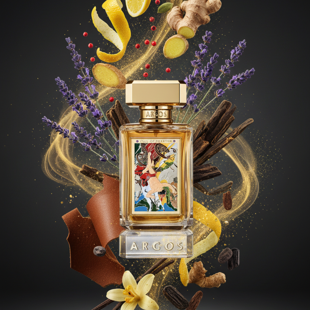 A bottle of Fall Of Phaeton 100ml EDP by Argos is enveloped by swirling lavender, ginger, vanilla, lemon zest, and spices with golden accents on a dark backdrop—an elegant, luxurious fragrance for refined tastes.