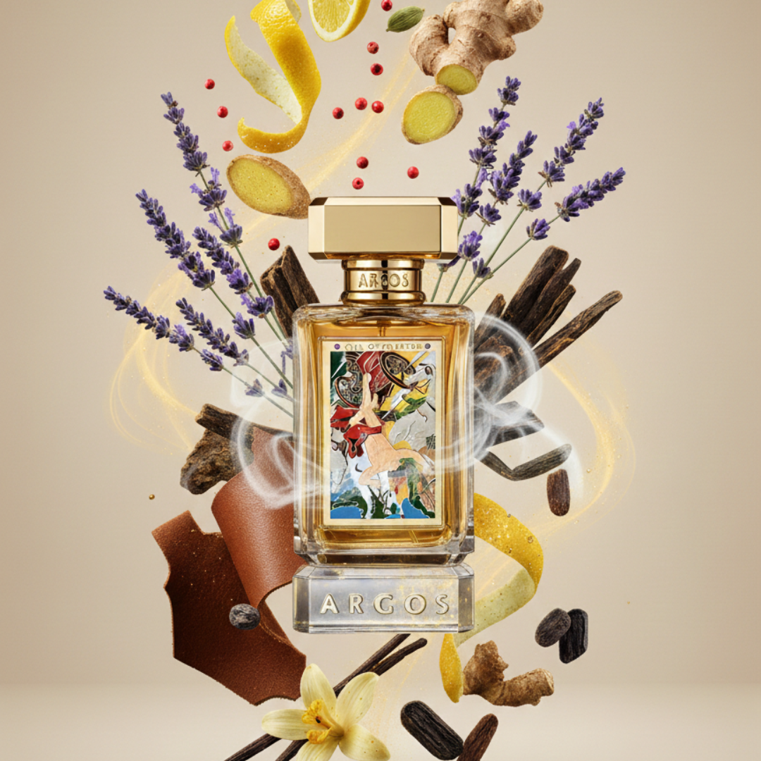 A bottle of Argos Fall Of Phaeton 100ml EDP is surrounded by lavender, vanilla, ginger, chocolate, vanilla beans, and citrus peel—vivid ingredients that highlight its luxurious spicy-woody fragrance.