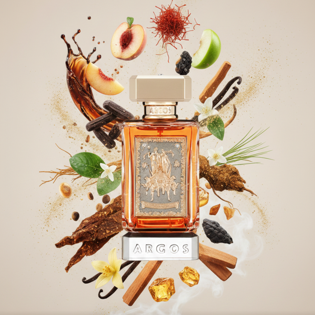 A bottle of Argos Triumph Of Bacchus 100ml EDP is surrounded by floating peach, apple, vanilla pods, cinnamon sticks, and amber—reflecting its complex and opulent fruity-spicy scent.