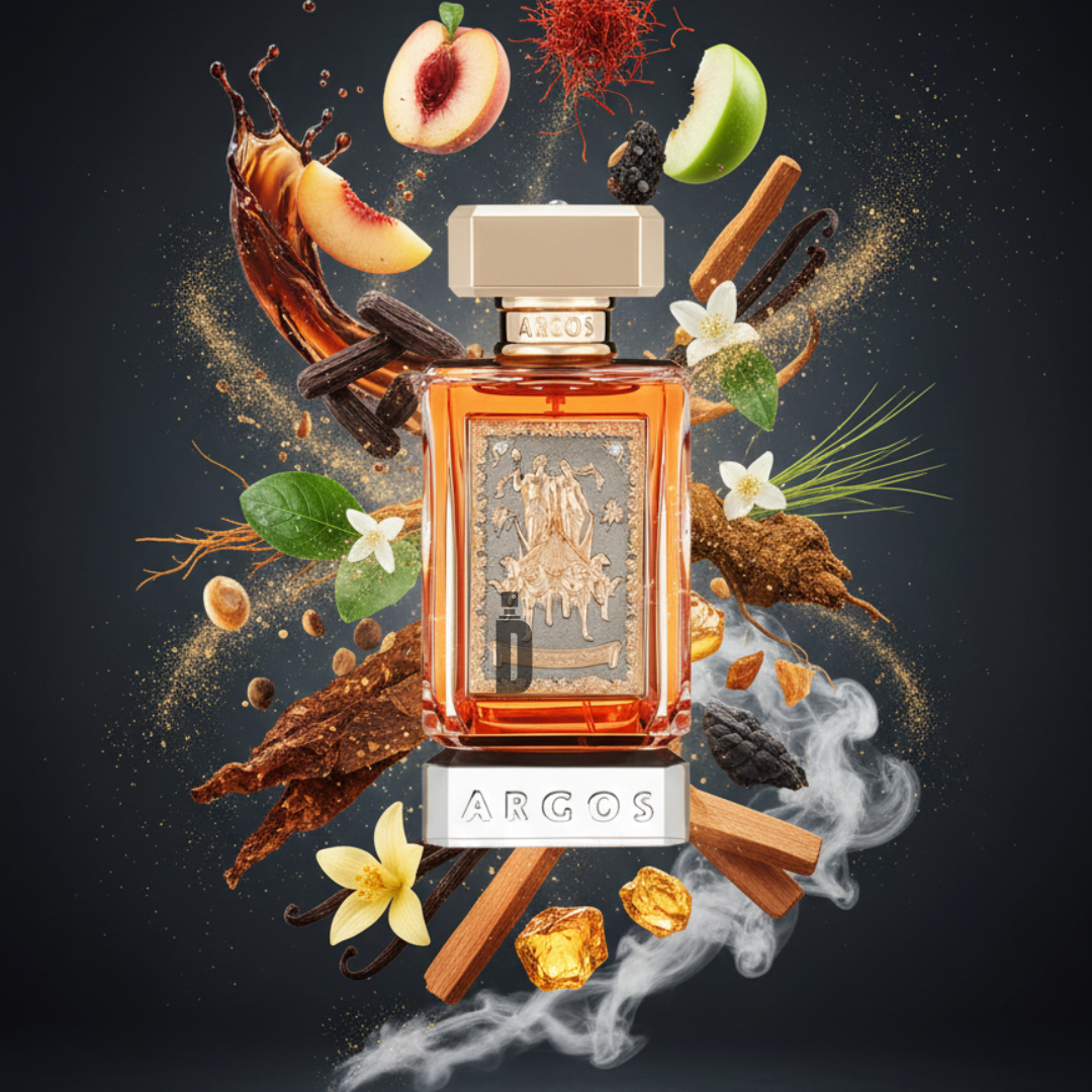 The Argos Triumph Of Bacchus 100ml EDP features a luxurious bottle surrounded by notes of peach, vanilla, saffron, and smoky accords, capturing the complex fruity-spicy essence of this opulent fragrance.
