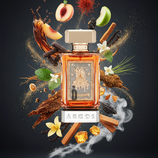 The Argos Triumph Of Bacchus 100ml EDP features a luxurious bottle surrounded by notes of peach, vanilla, saffron, and smoky accords, capturing the complex fruity-spicy essence of this opulent fragrance.
